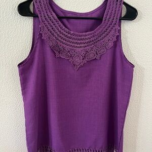 Purple Sleeveless Top Bohemian Indie Inspired Knit Lace Neck , Size M